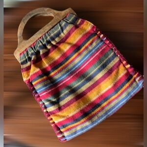 Abercrombie & Fitch Boho Multi-Color Striped Fabric Bag with Wooden Handle